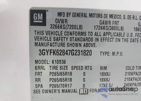 2007 Cadillac Escalade Ext Standard z USA, uszkodzony, nr VIN 3GYFK62847G231820